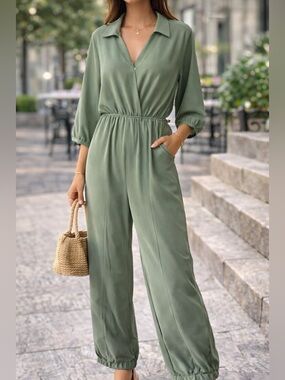 Fraiche by J Jumpsuit Women Small Sage Green Wide Leg Elastic Waist Made USA